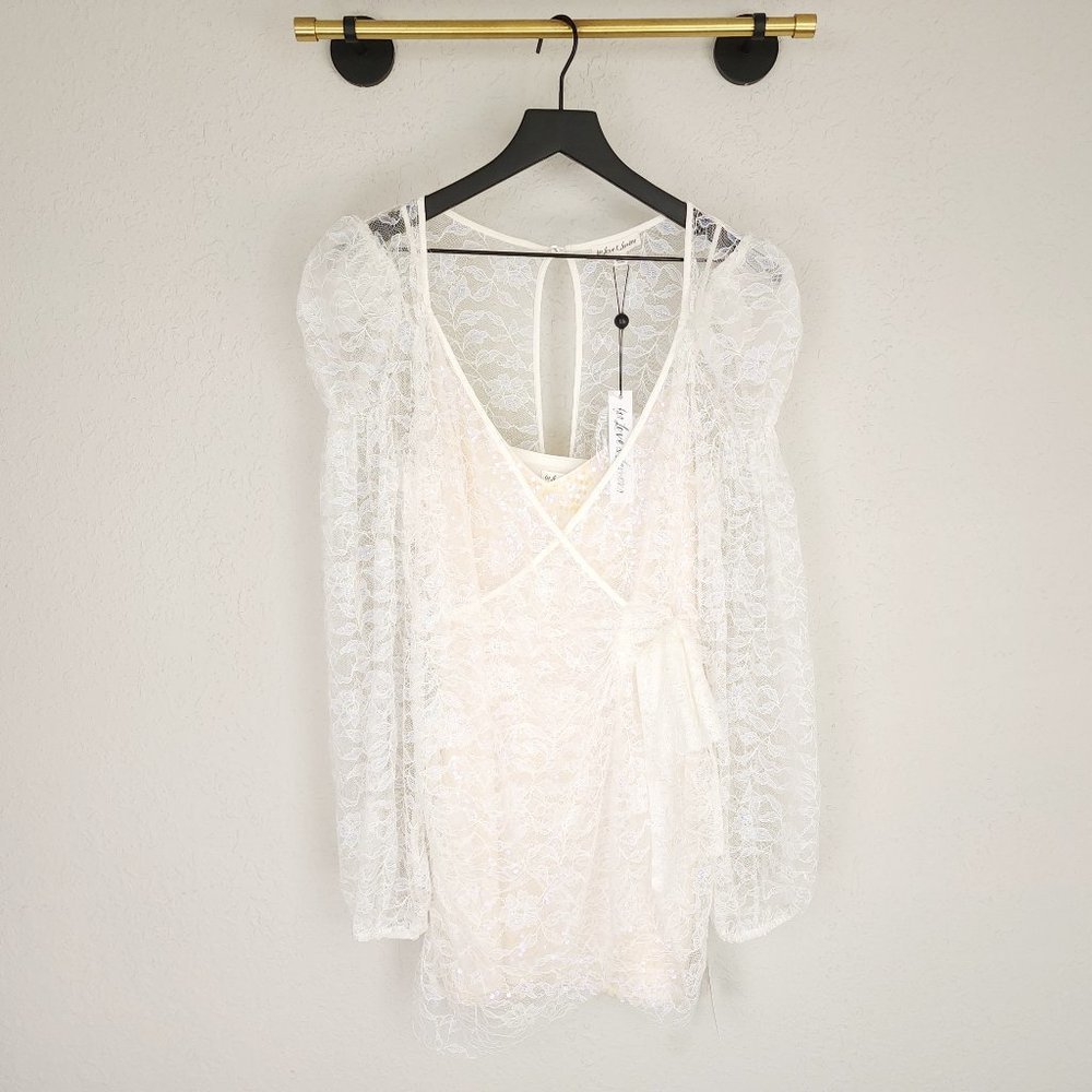 For Love and Lemons L Blanc Lourve Sheer Lace Sequin Long Sleeve Dress NWT